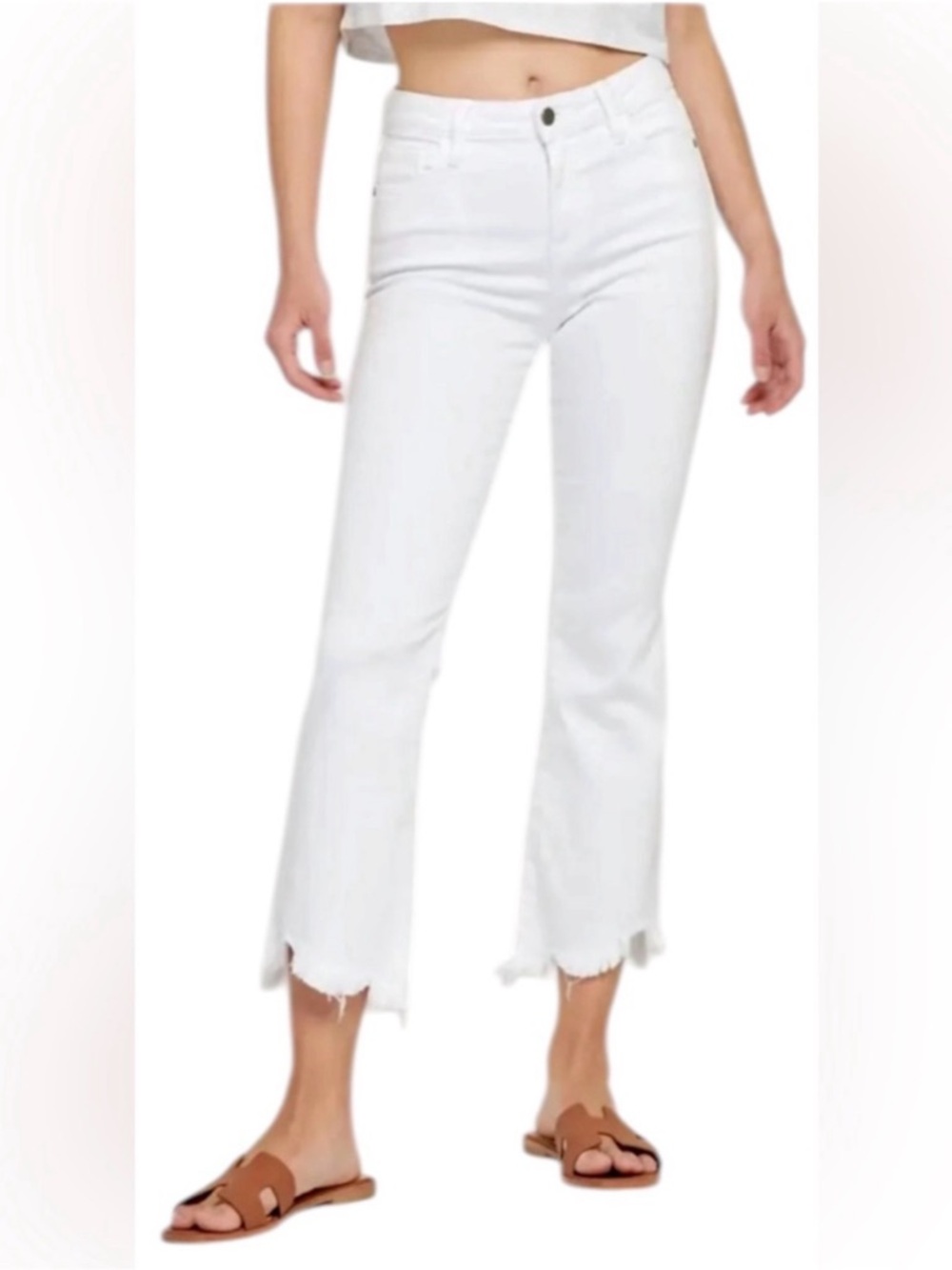 High-Rise White Cropped Flare Jeans with Raw Hem sz 31 NWT